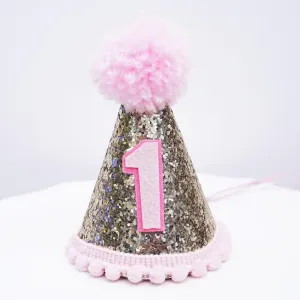 Gold Glitter Sparkles Pink 1st Birthday Girl Cone Hat Party Toddler 1 Birthday Pom Poms