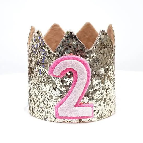 Gold Glitter Sparkles Pink 2nd Birthday Girl Hat Party Crown Toddler 2 Princess Birthday