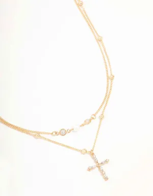 Gold Layered Diamante Cross & Pearl Necklace