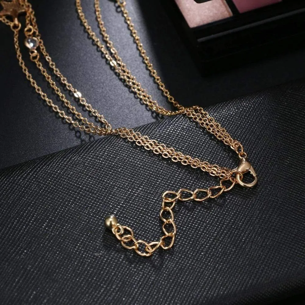 Gold Plated Trendy Eye & Star Charm Layered Necklace