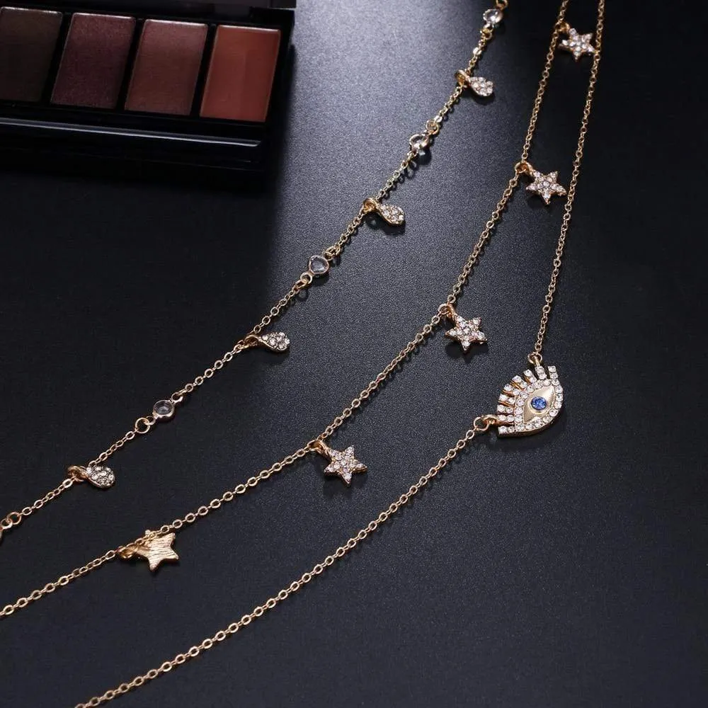Gold Plated Trendy Eye & Star Charm Layered Necklace