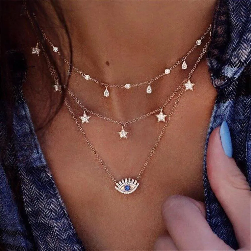 Gold Plated Trendy Eye & Star Charm Layered Necklace