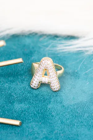 Goldtone Crystal Pave "A"  Cuff Ring