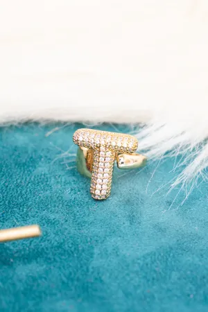 Goldtone Crystal Pave "T"  Cuff Ring