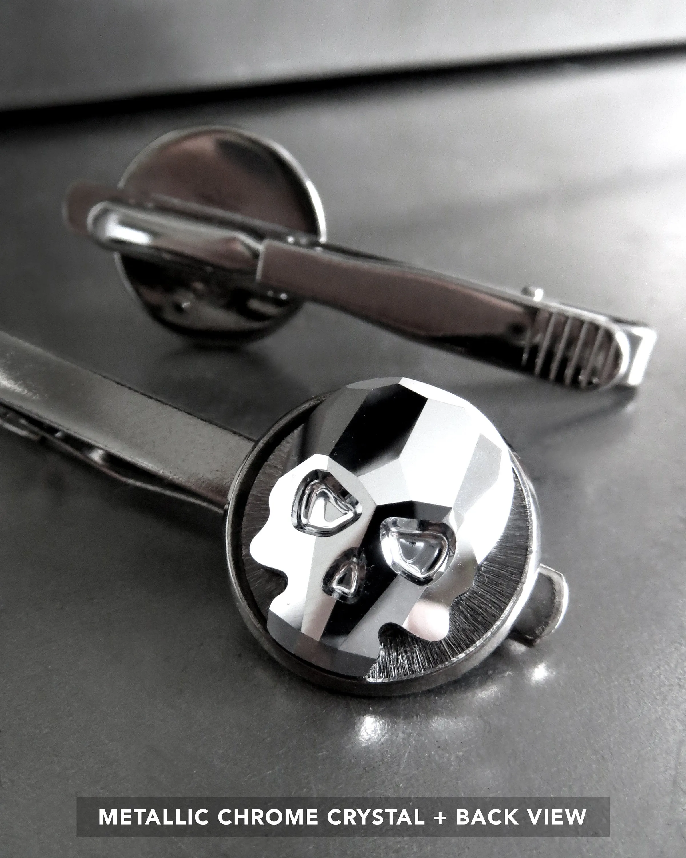 Goth Crystal Skull Tie Clip - Black Night or Metallic Silver Crystal