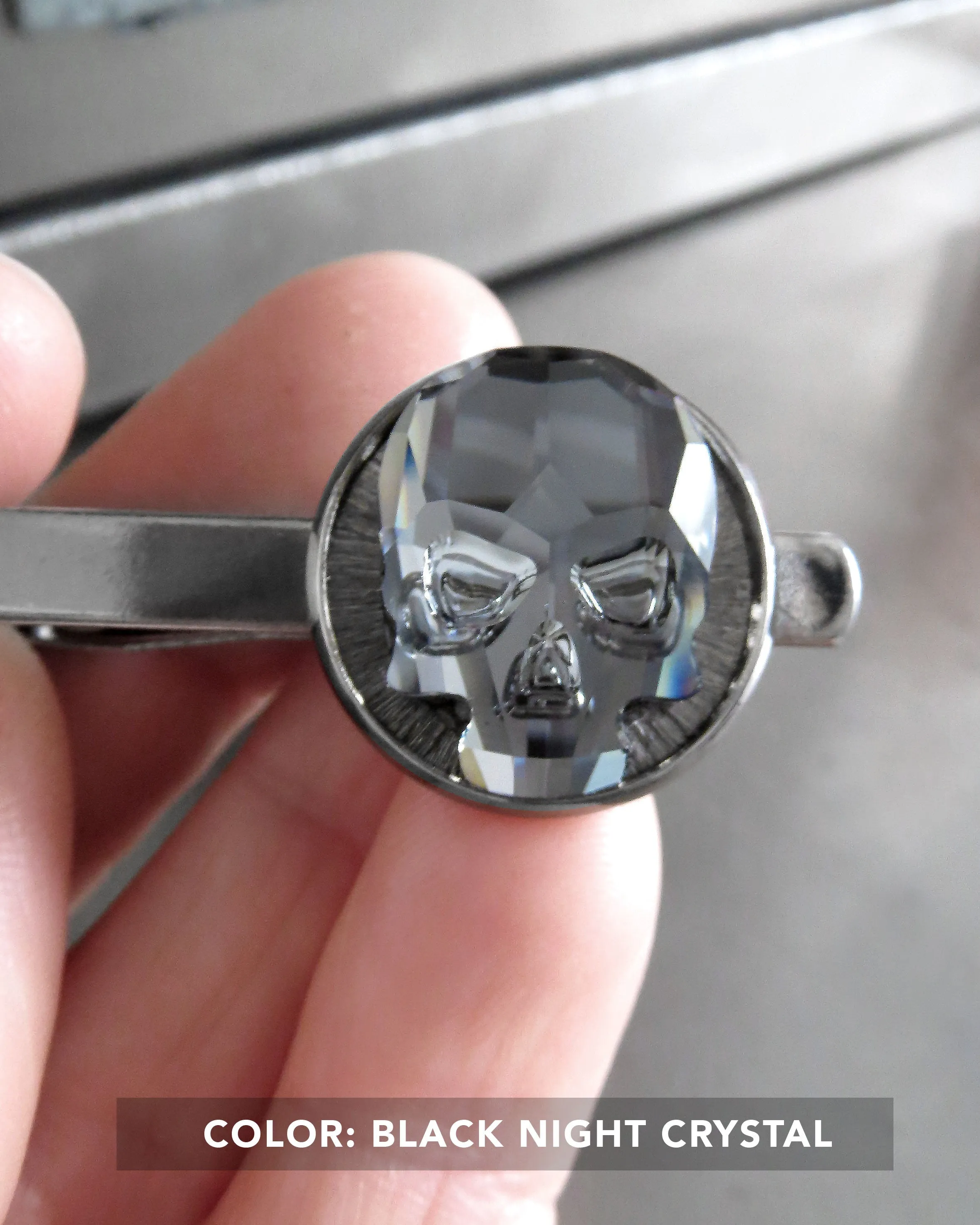 Goth Crystal Skull Tie Clip - Black Night or Metallic Silver Crystal