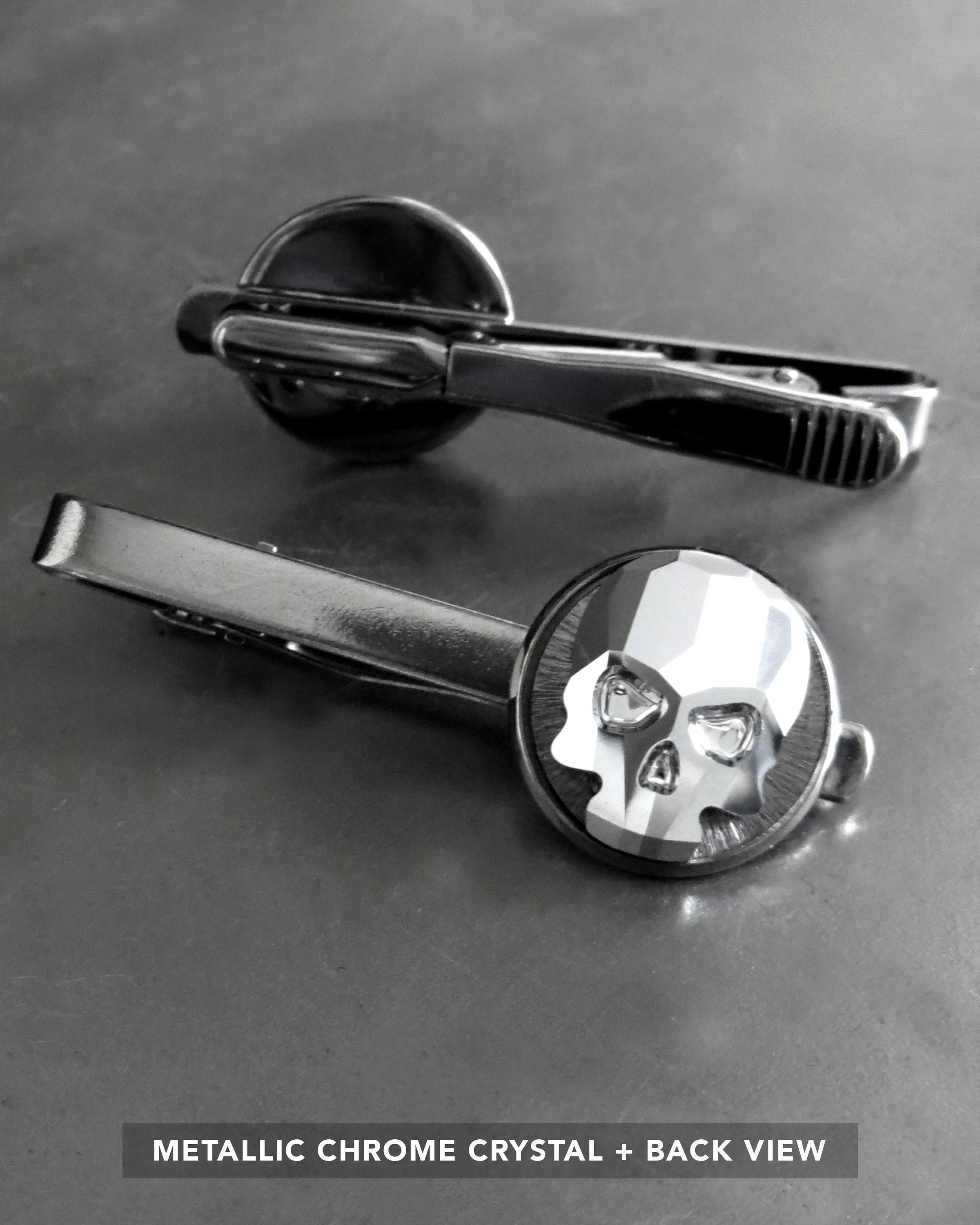 Goth Crystal Skull Tie Clip - Black Night or Metallic Silver Crystal