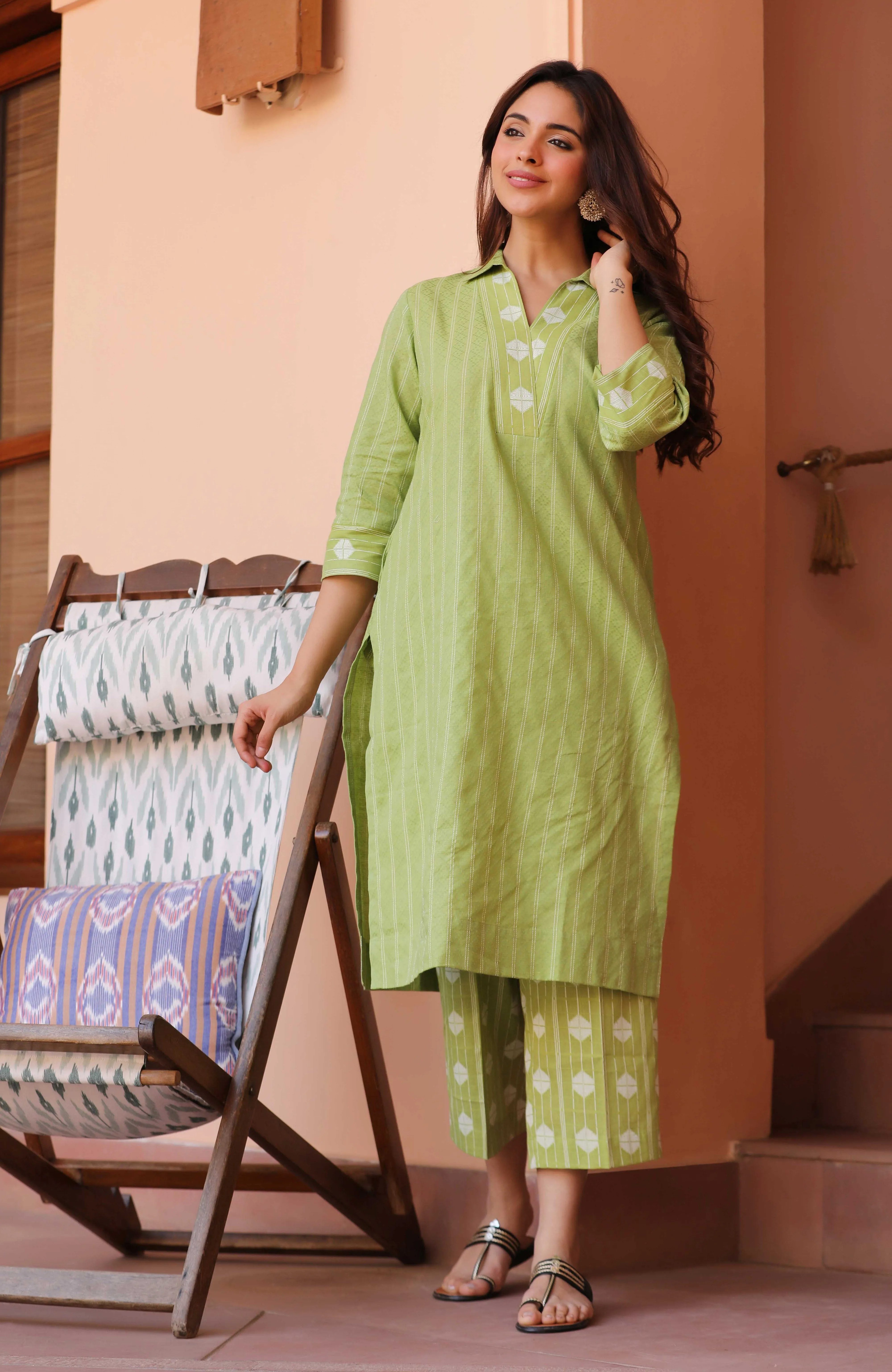 Green Cotton Dobby Ready-To-Wear Relaxed Fit Kurta With Cullottes