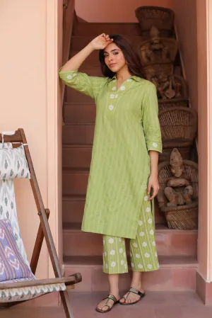 Green Cotton Dobby Ready-To-Wear Relaxed Fit Kurta With Cullottes