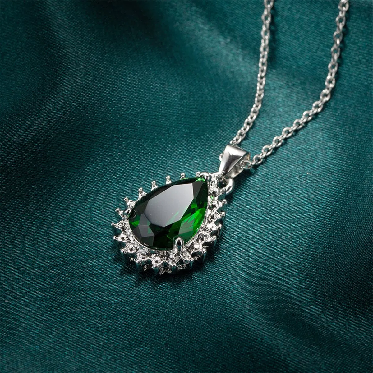 Green Crystal & Silver-Plated Pear-Cut Halo Pendant Necklace