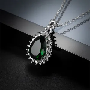 Green Crystal & Silver-Plated Pear-Cut Halo Pendant Necklace