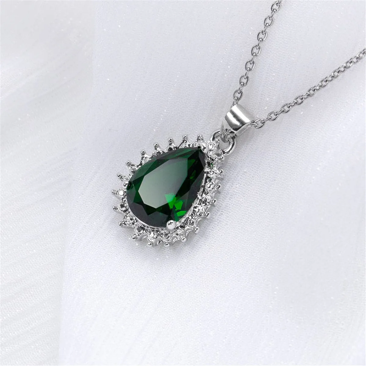 Green Crystal & Silver-Plated Pear-Cut Halo Pendant Necklace