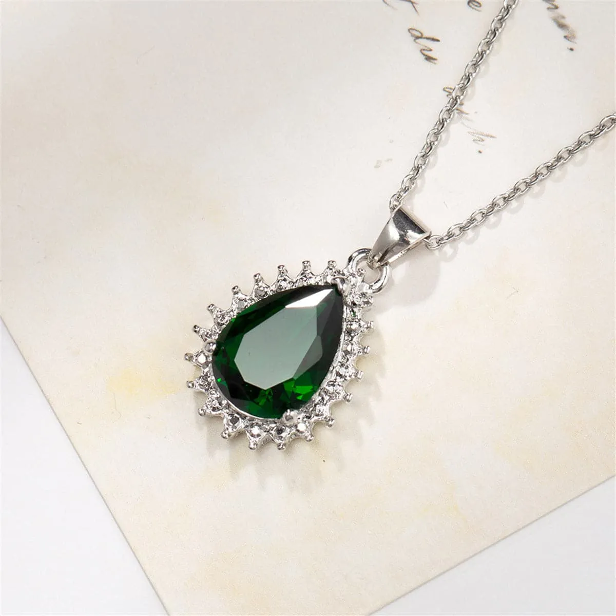 Green Crystal & Silver-Plated Pear-Cut Halo Pendant Necklace