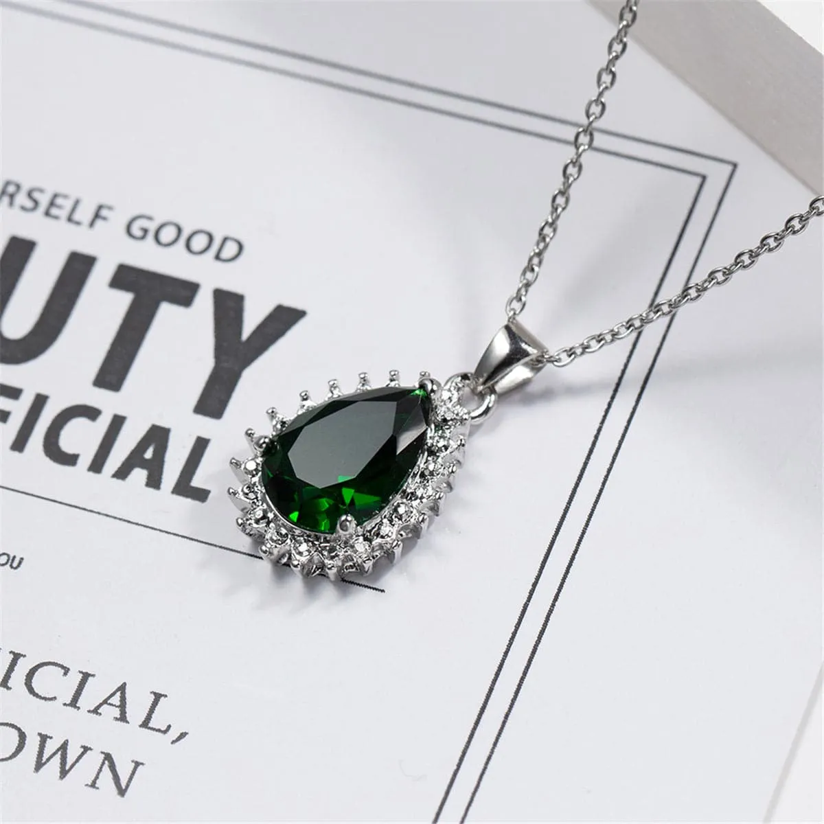 Green Crystal & Silver-Plated Pear-Cut Halo Pendant Necklace