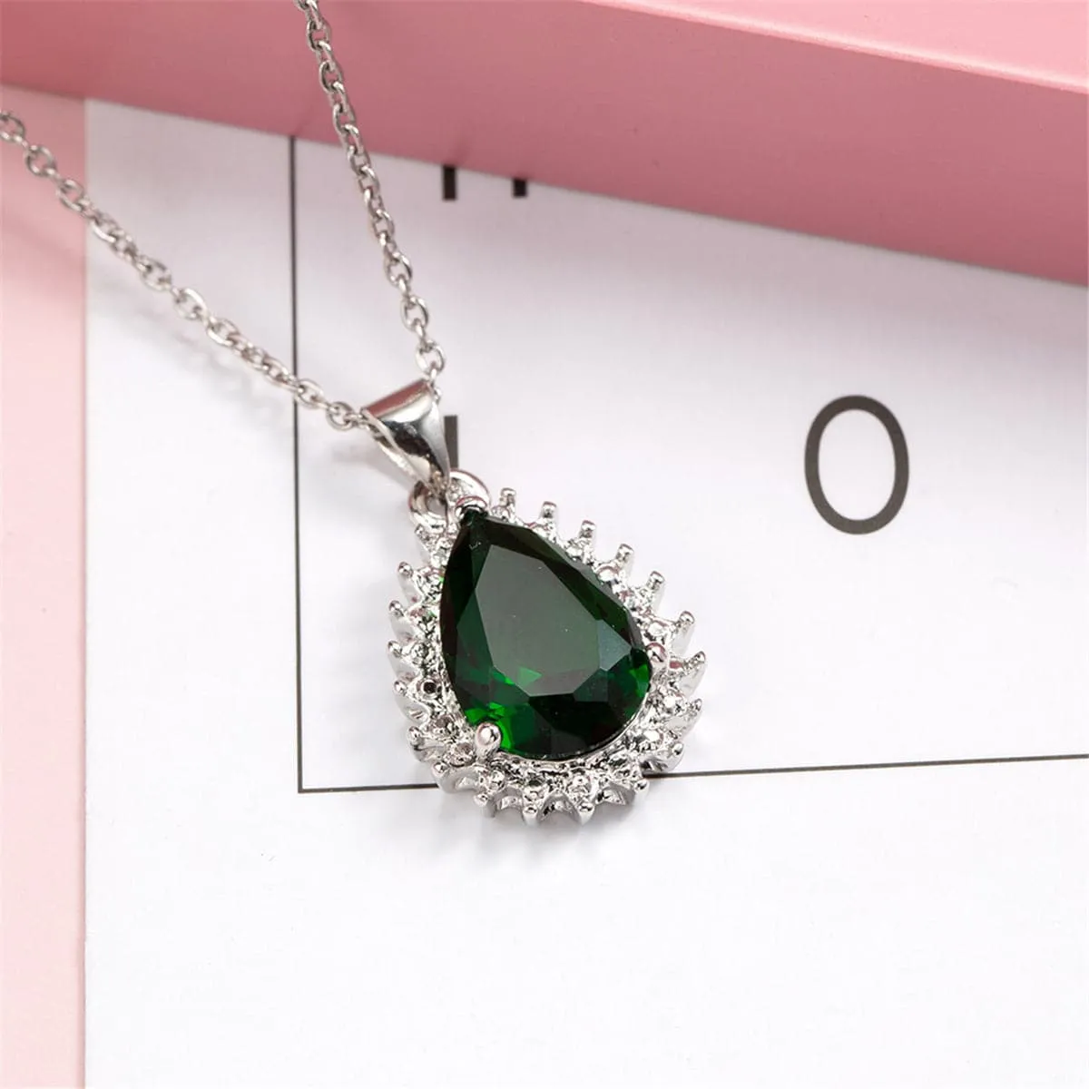 Green Crystal & Silver-Plated Pear-Cut Halo Pendant Necklace