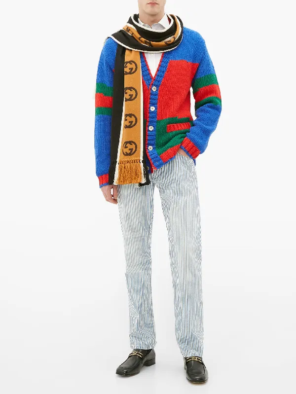 Gucci GG-jacquard Striped Wool-blend Scarf In Black