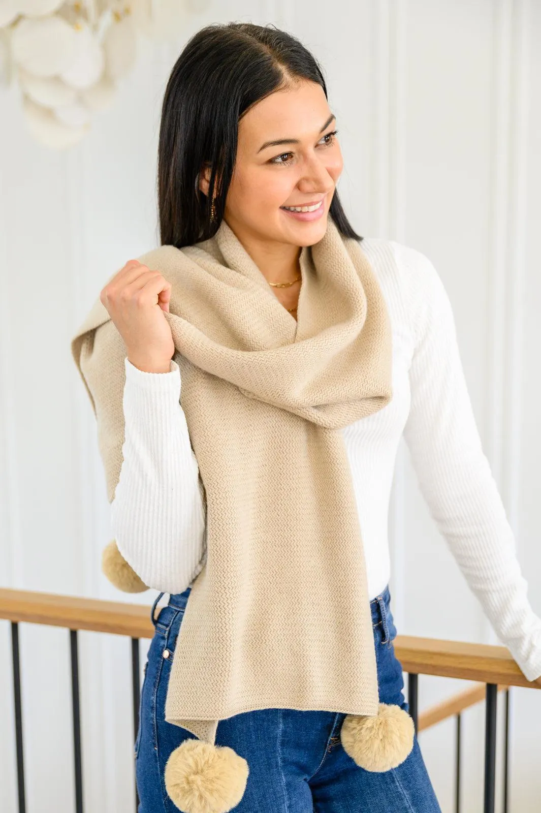 Hazel Blues® | Knitted Fuzzy Pom Pom Scarf In Beige