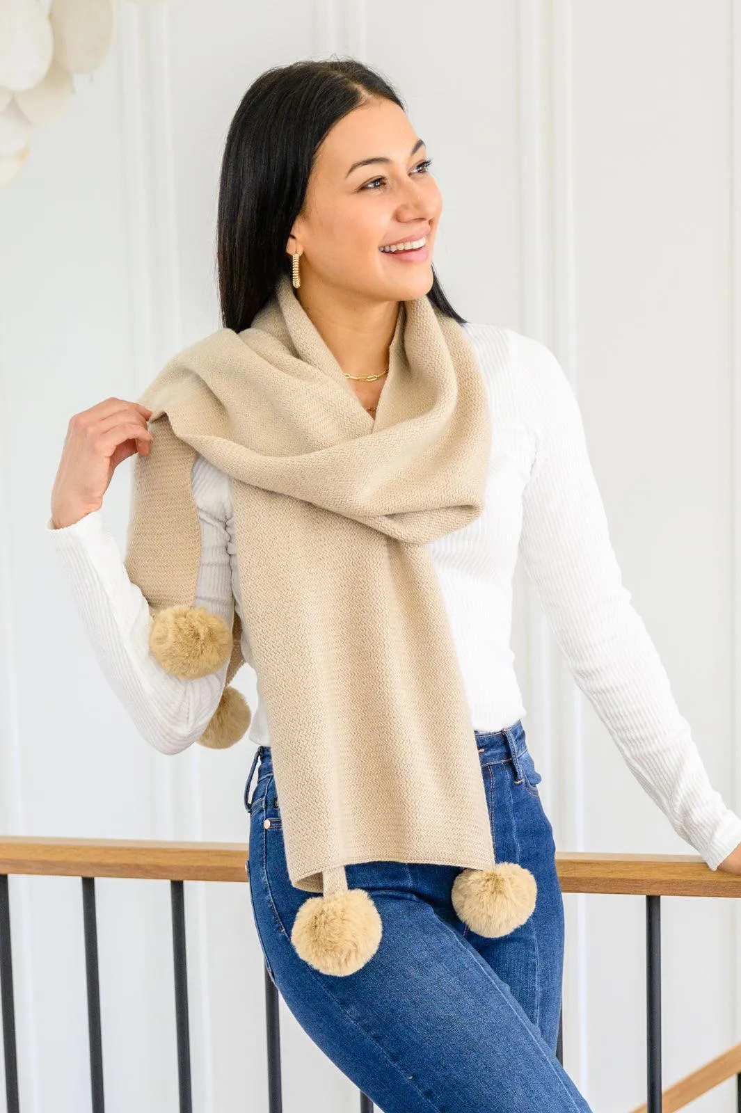 Hazel Blues® | Knitted Fuzzy Pom Pom Scarf In Beige