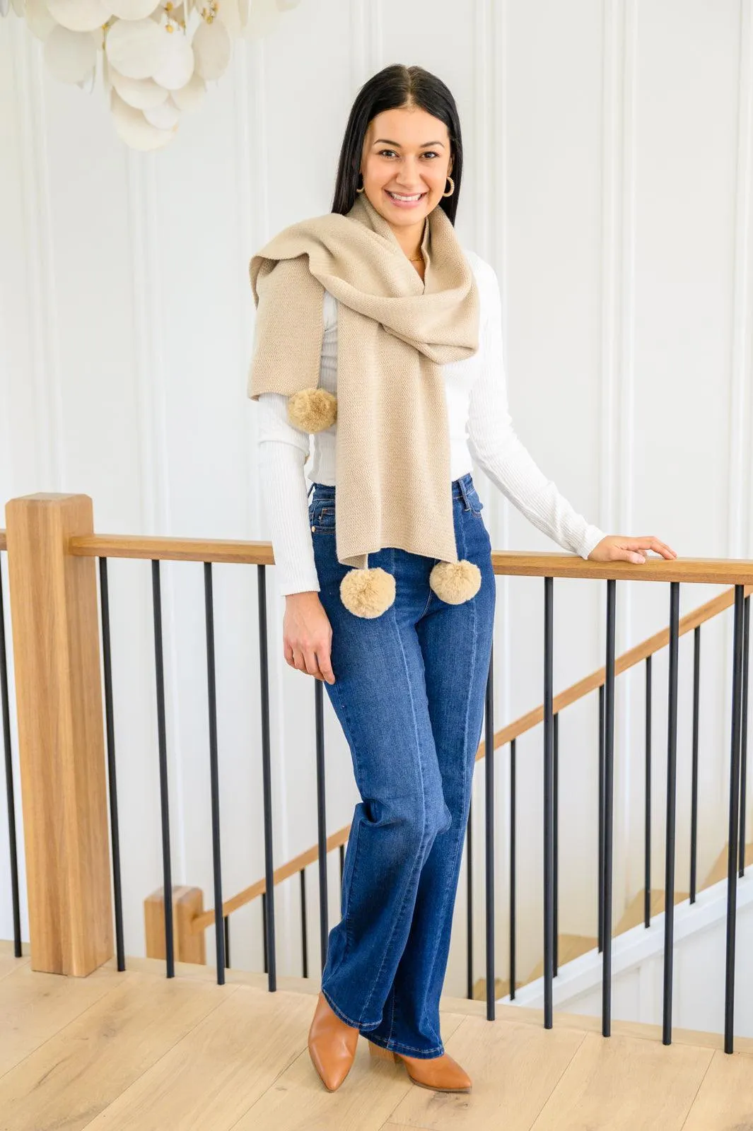 Hazel Blues® | Knitted Fuzzy Pom Pom Scarf In Beige