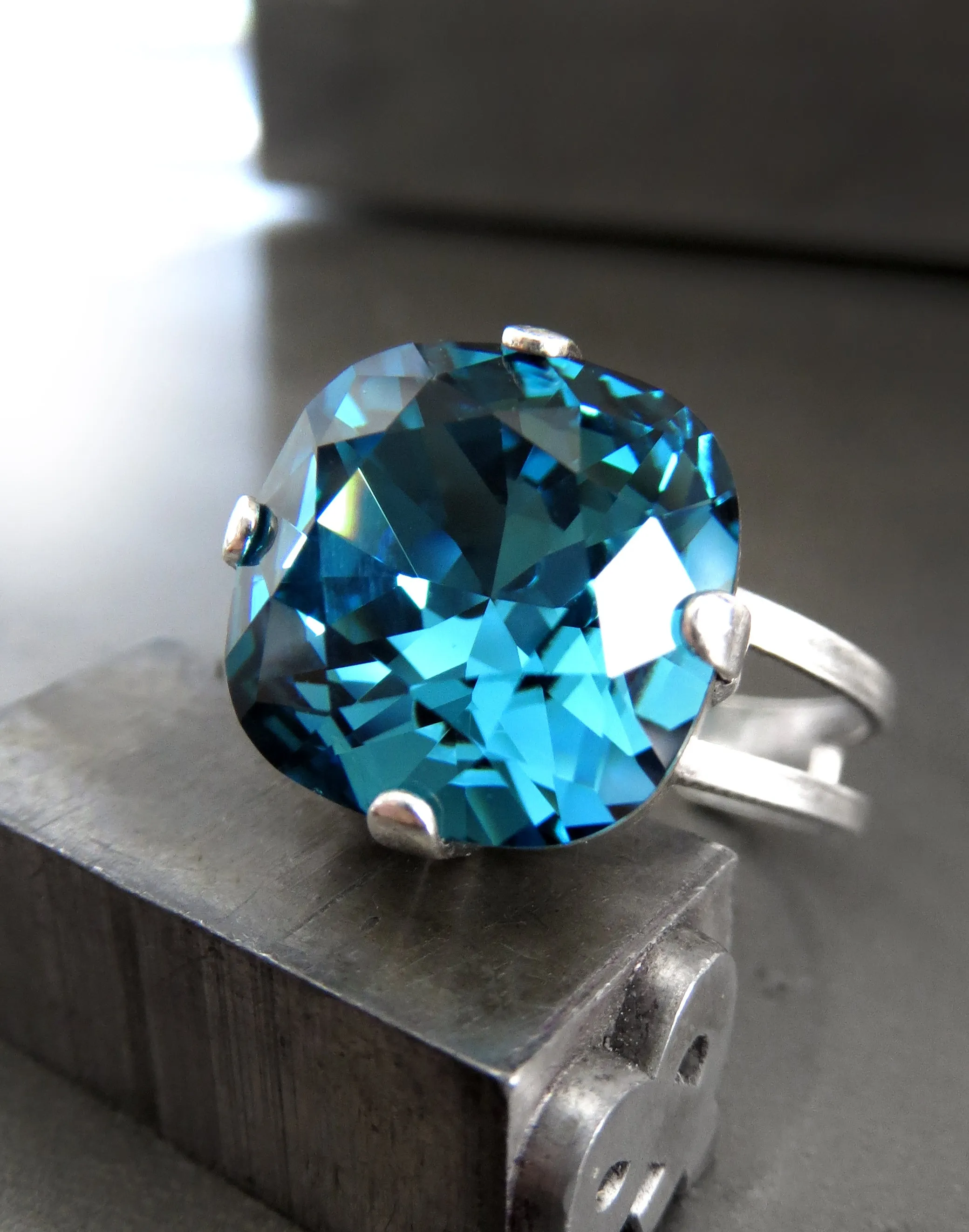 Indicolite Aqua Crystal Ring with Silver Adjustable Band