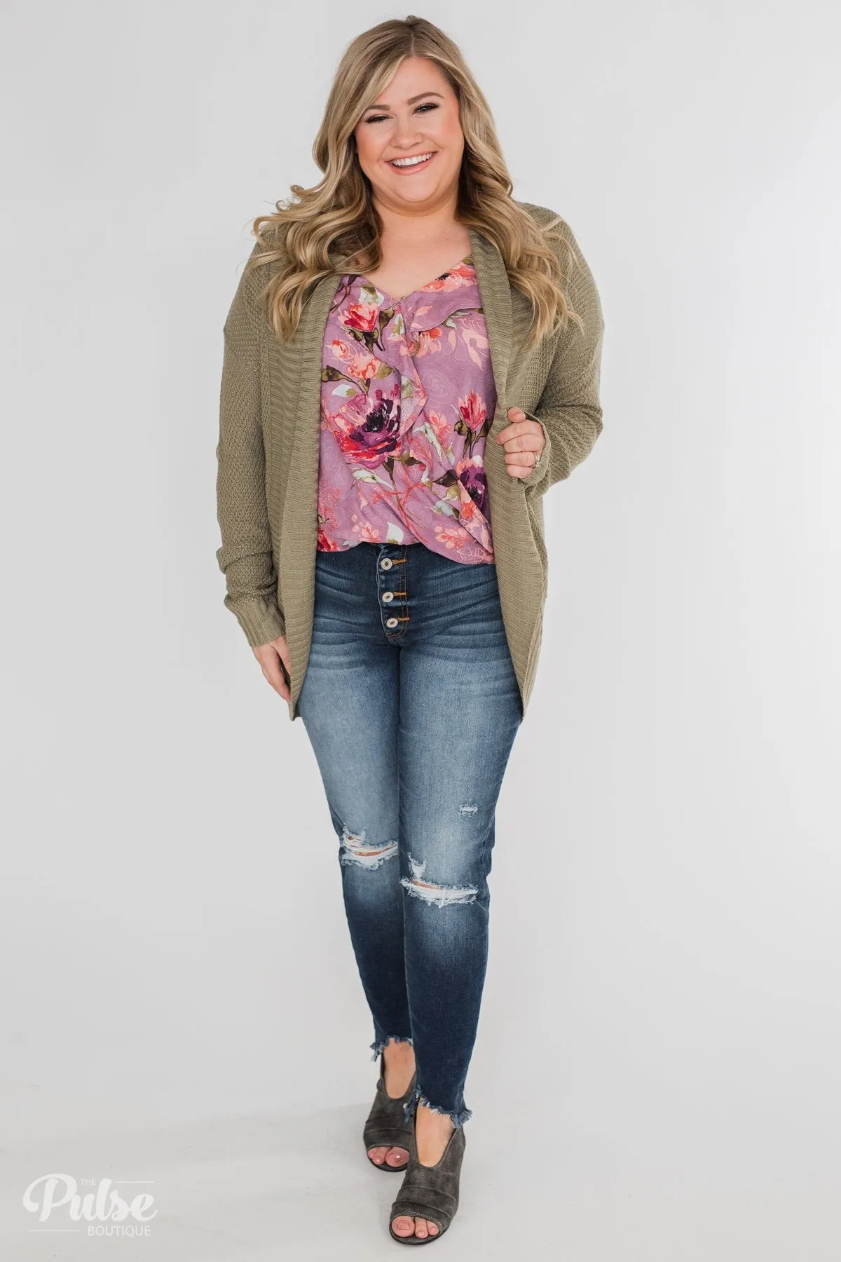 Knitted Drape Cardigan- Olive