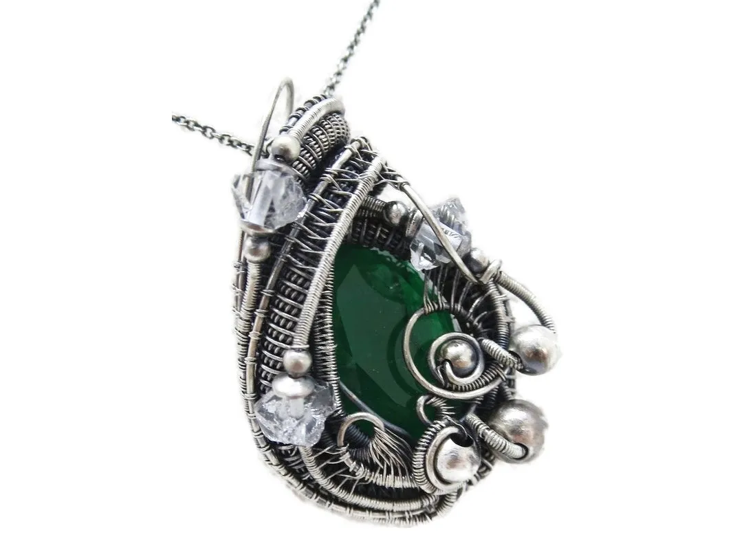 Lab-Grown Emerald Pendant Necklace, Wire-Wrapped in Sterling Silver with Herkimer Diamonds