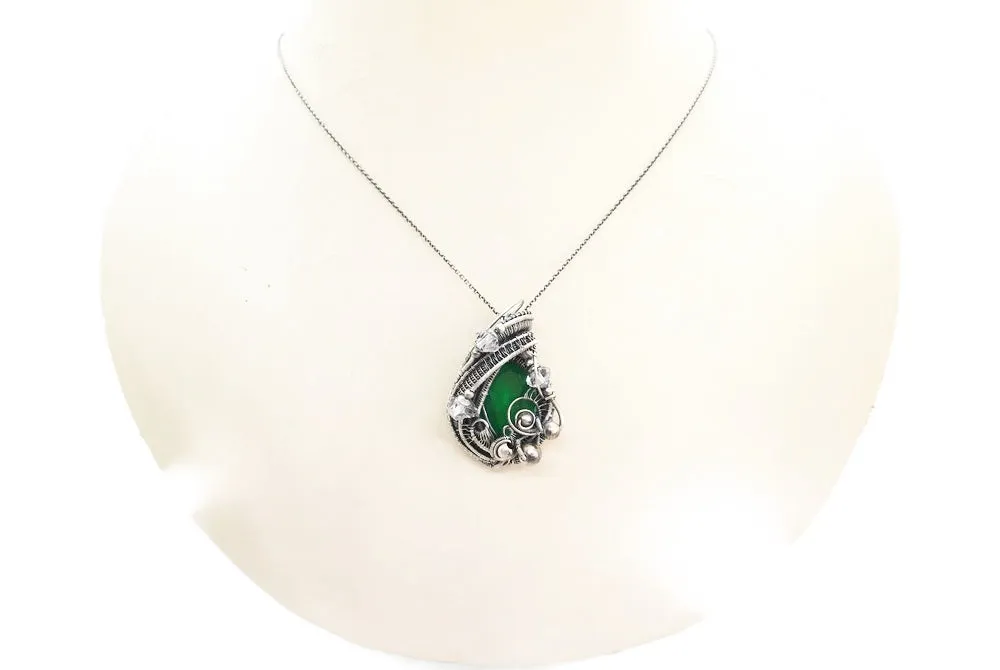 Lab-Grown Emerald Pendant Necklace, Wire-Wrapped in Sterling Silver with Herkimer Diamonds