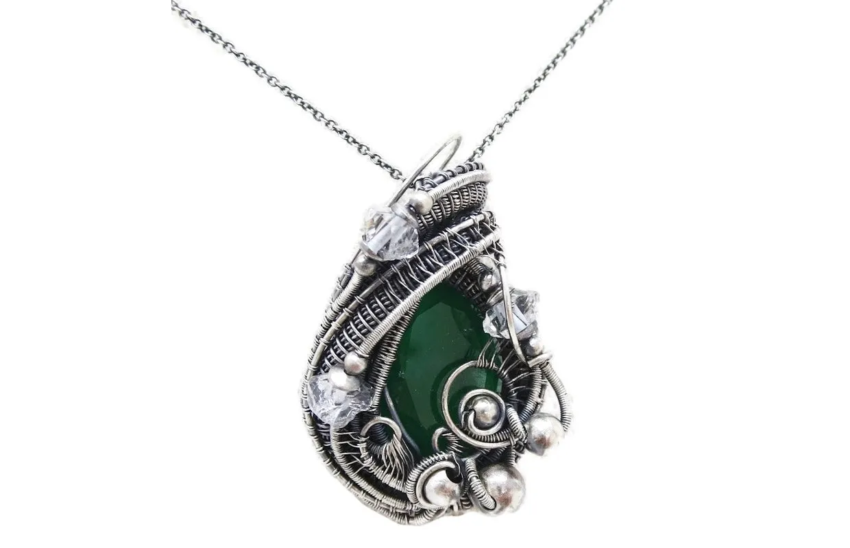 Lab-Grown Emerald Pendant Necklace, Wire-Wrapped in Sterling Silver with Herkimer Diamonds