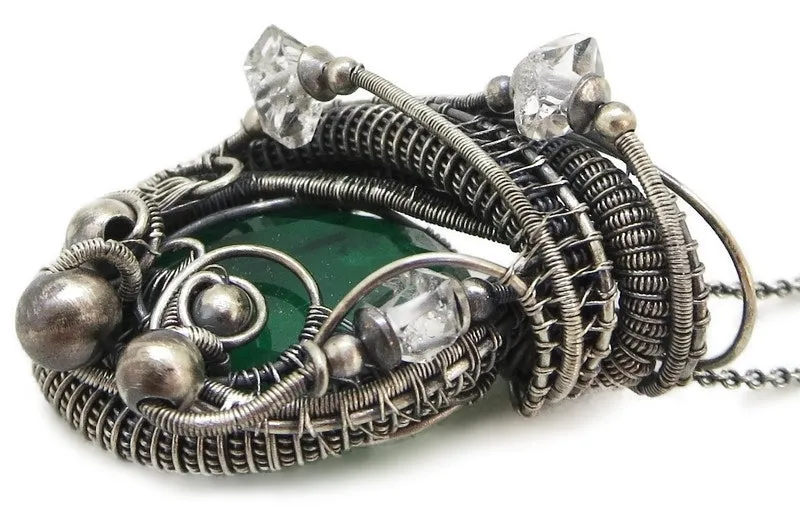 Lab-Grown Emerald Pendant Necklace, Wire-Wrapped in Sterling Silver with Herkimer Diamonds