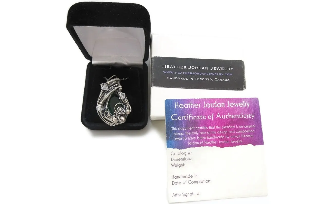 Lab-Grown Emerald Pendant Necklace, Wire-Wrapped in Sterling Silver with Herkimer Diamonds