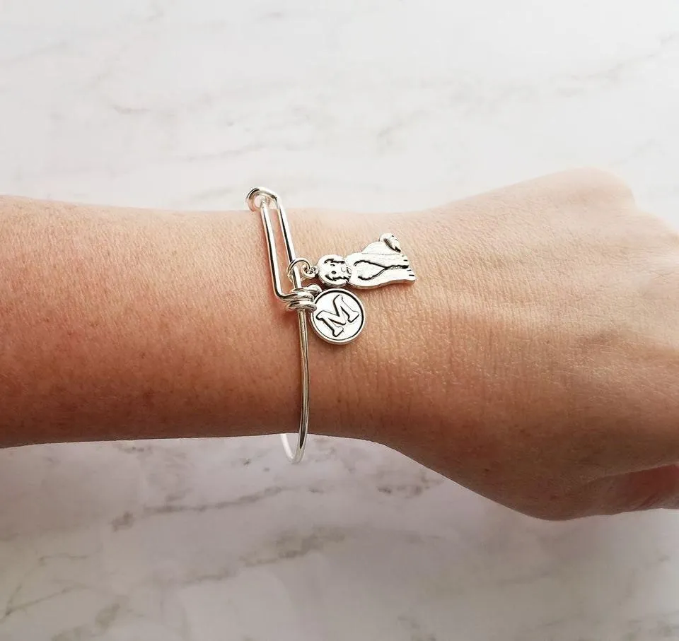 Labradoodle Bracelet, lab dog jewelry, labrador jewelry, lab poodle mix, labradoodle gift, silver bangle, custom initial charm, pet dog mom