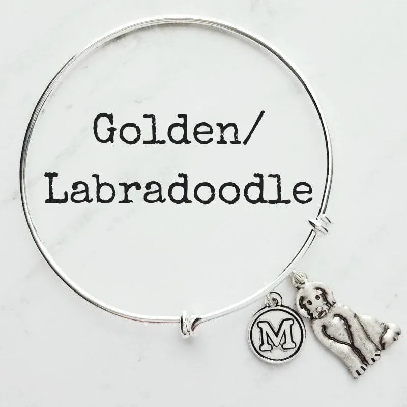 Labradoodle Bracelet, lab dog jewelry, labrador jewelry, lab poodle mix, labradoodle gift, silver bangle, custom initial charm, pet dog mom