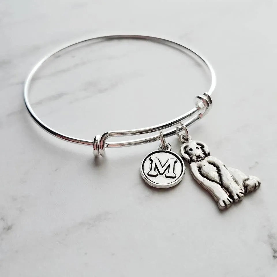 Labradoodle Bracelet, lab dog jewelry, labrador jewelry, lab poodle mix, labradoodle gift, silver bangle, custom initial charm, pet dog mom