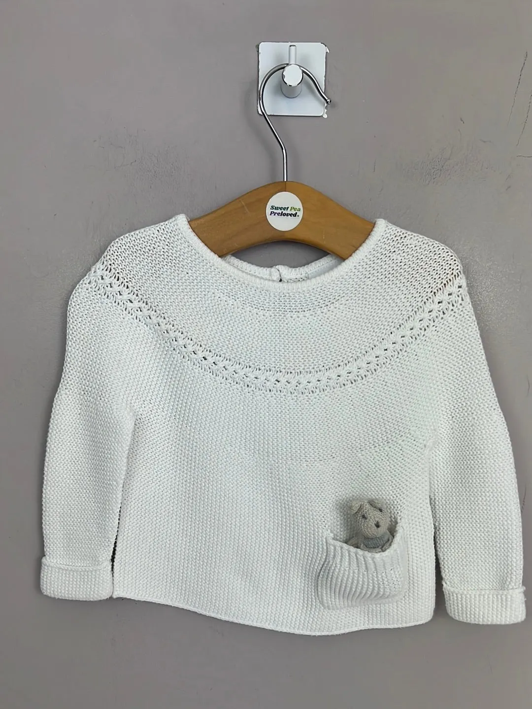 Little White Company white jumper with toy squirrel 0-3m