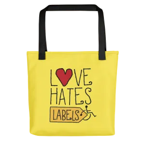 Love Hates Labels (Yellow Tote Bag)