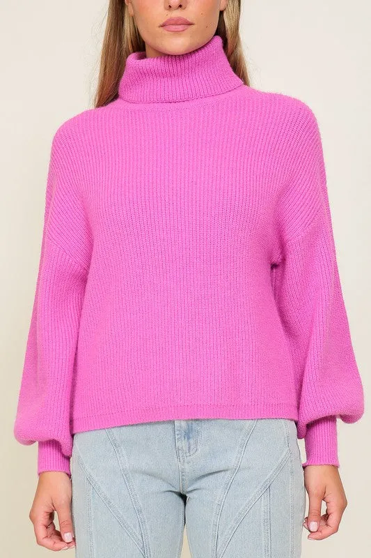 Lumiere Rib Knitted Turtleneck Sweater with Bishop Sleeve