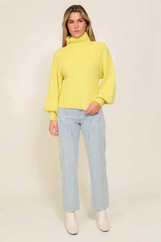 Lumiere Rib Knitted Turtleneck Sweater with Bishop Sleeve