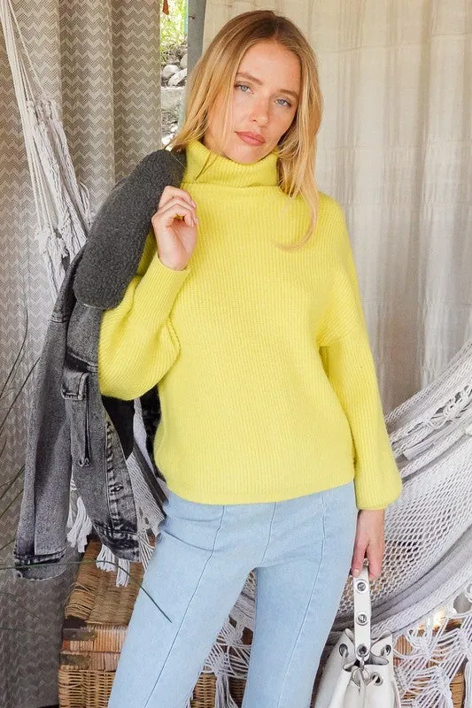 Lumiere Rib Knitted Turtleneck Sweater with Bishop Sleeve