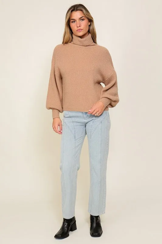 Lumiere Rib Knitted Turtleneck Sweater with Bishop Sleeve
