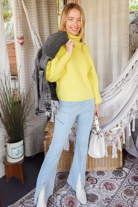 Lumiere Rib Knitted Turtleneck Sweater with Bishop Sleeve