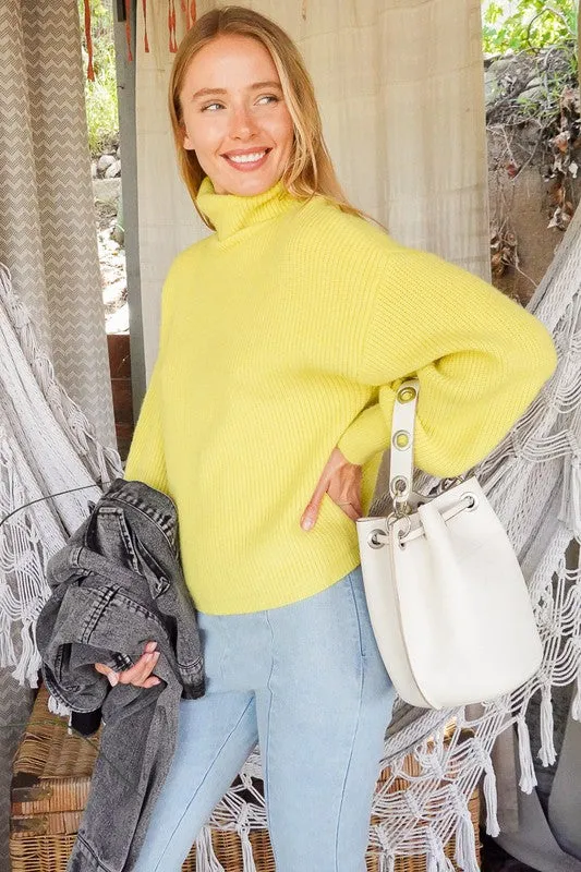 Lumiere Rib Knitted Turtleneck Sweater with Bishop Sleeve