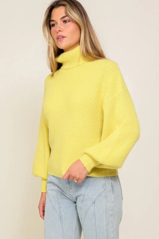Lumiere Rib Knitted Turtleneck Sweater with Bishop Sleeve
