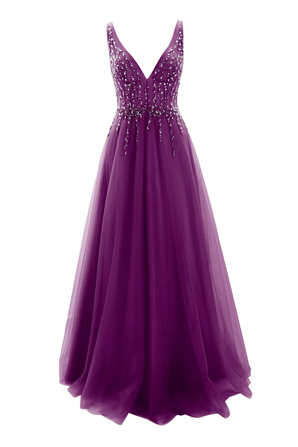 MACloth Prom Dress Plunging V Neck Tulle Long Formal Evening Gown Bridal Wedding