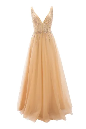 MACloth Prom Dress Plunging V Neck Tulle Long Formal Evening Gown Bridal Wedding