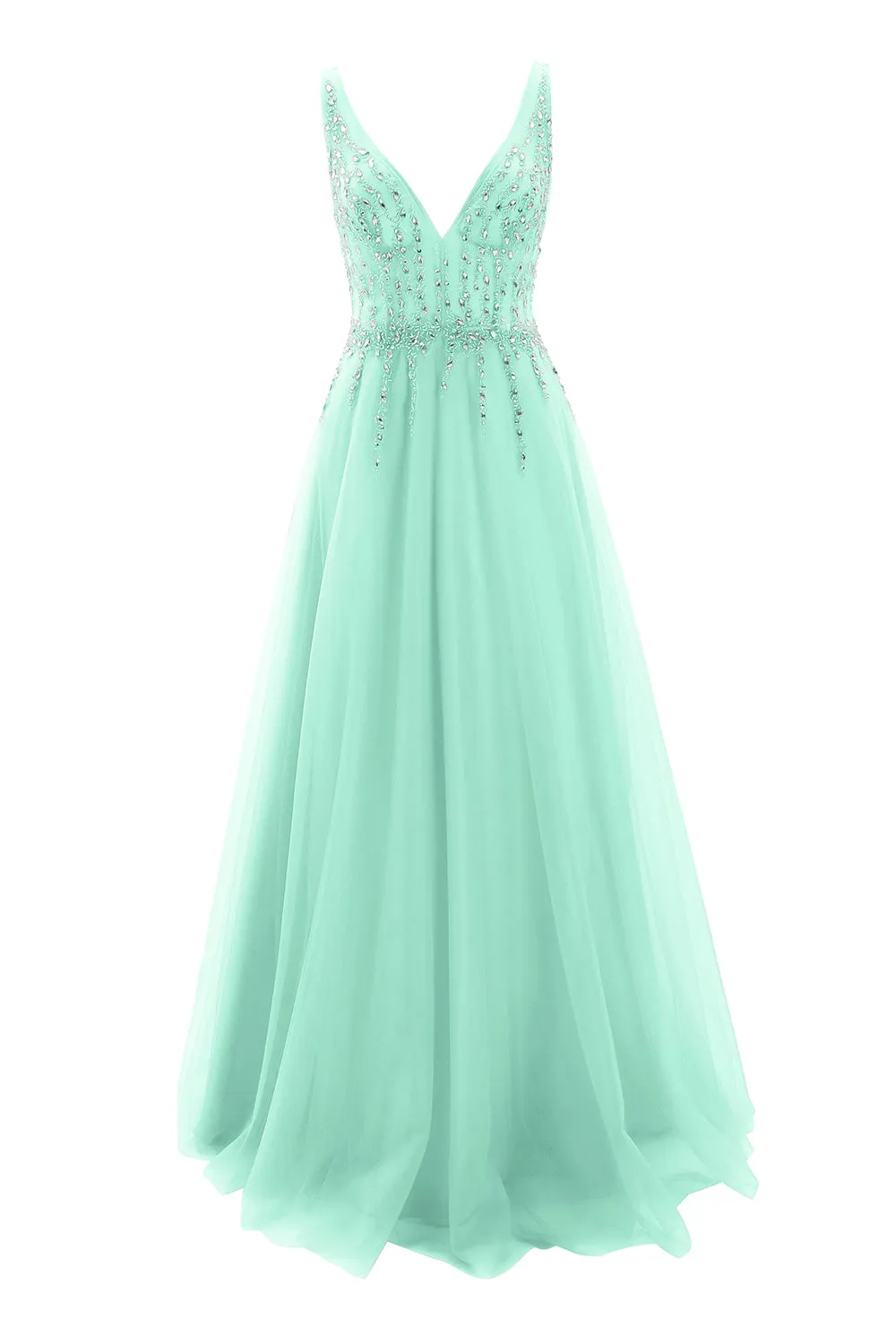 MACloth Prom Dress Plunging V Neck Tulle Long Formal Evening Gown Bridal Wedding