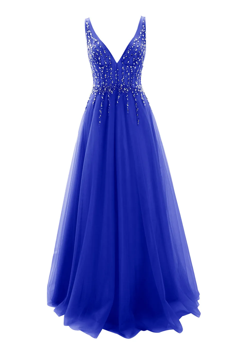 MACloth Prom Dress Plunging V Neck Tulle Long Formal Evening Gown Bridal Wedding