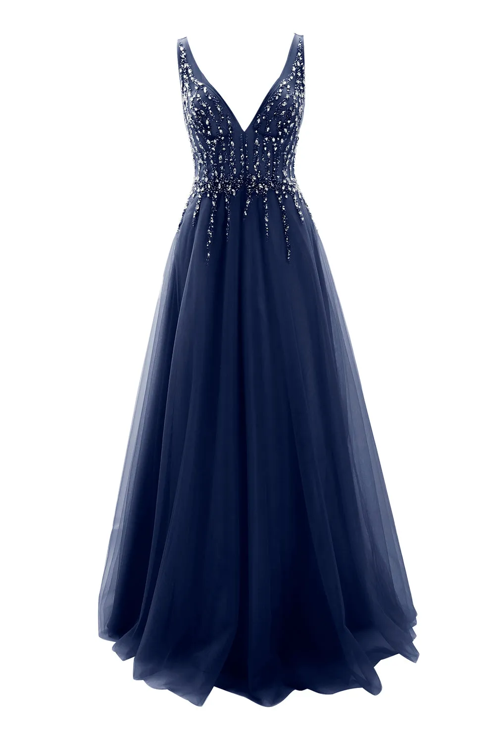 MACloth Prom Dress Plunging V Neck Tulle Long Formal Evening Gown Bridal Wedding
