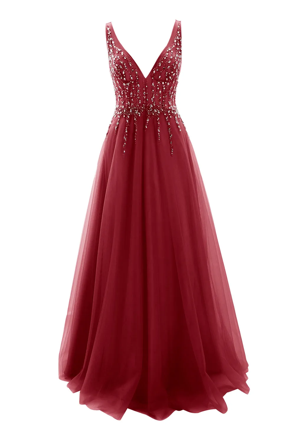 MACloth Prom Dress Plunging V Neck Tulle Long Formal Evening Gown Bridal Wedding