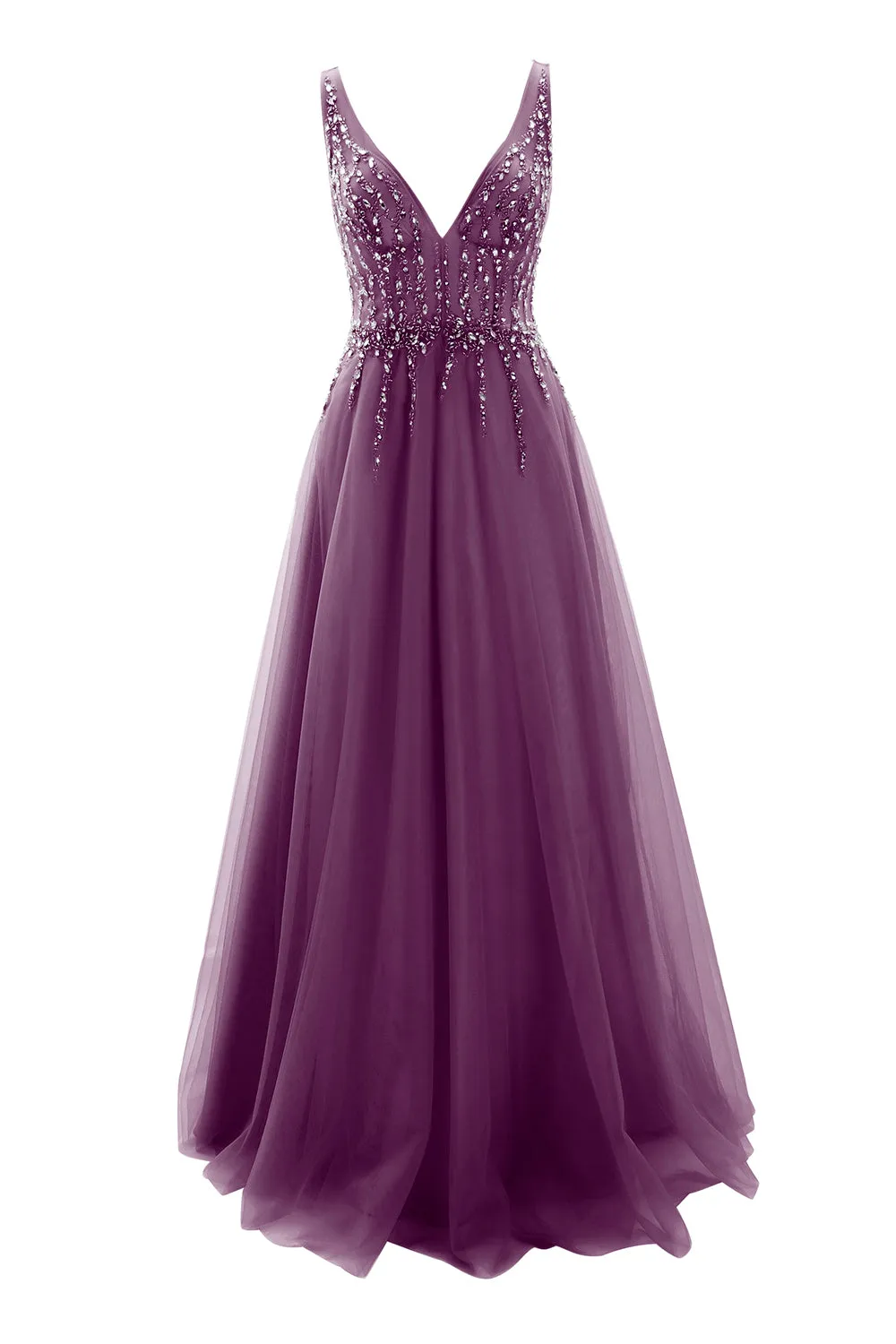 MACloth Prom Dress Plunging V Neck Tulle Long Formal Evening Gown Bridal Wedding