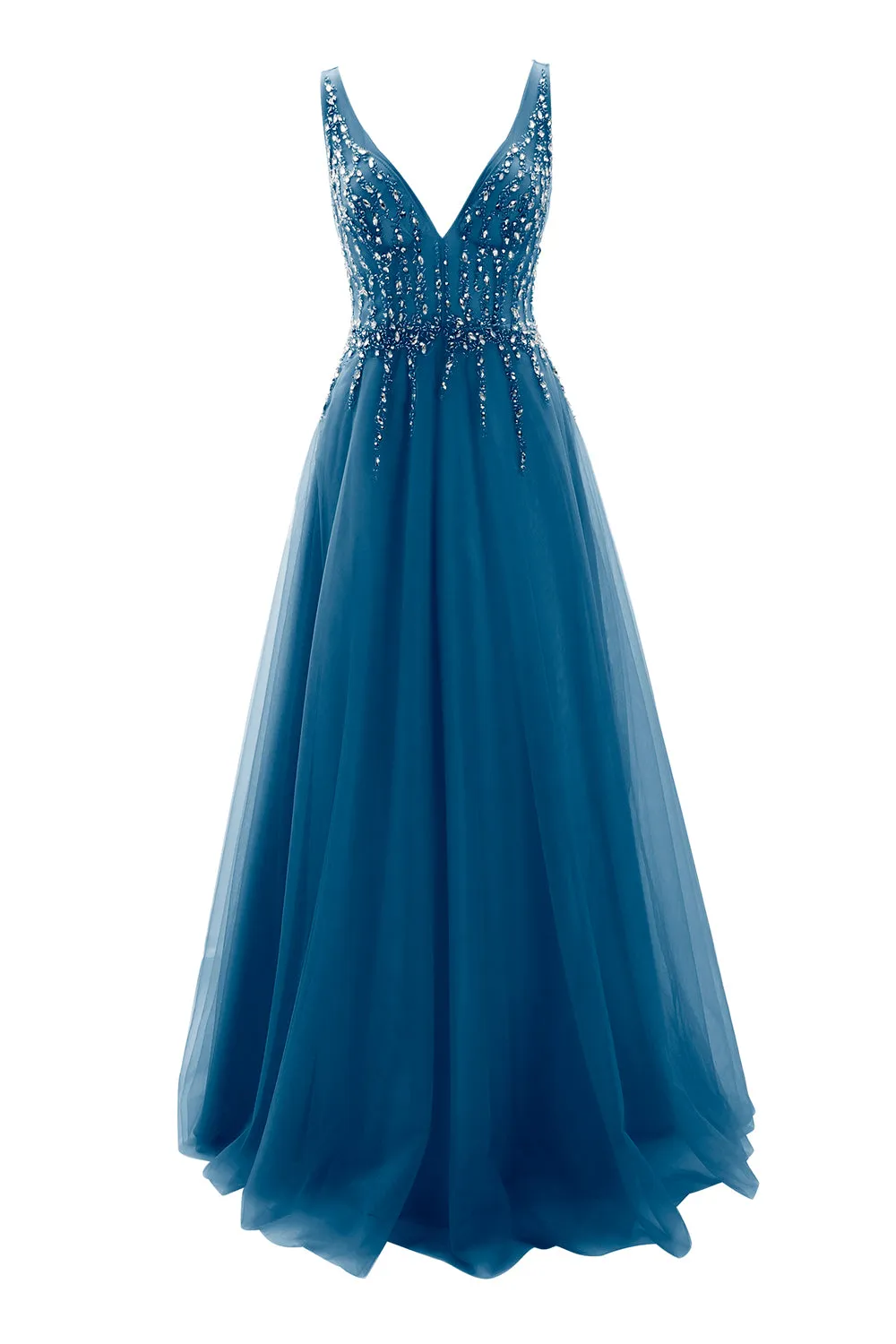 MACloth Prom Dress Plunging V Neck Tulle Long Formal Evening Gown Bridal Wedding